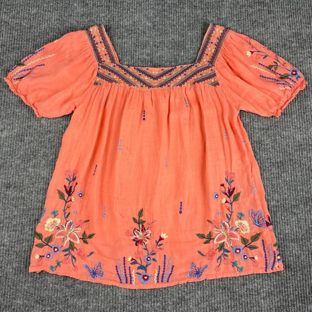 Johnny Was Top Womens XL Embroidered Floral Butterfly Peasant Blouse Square Neck